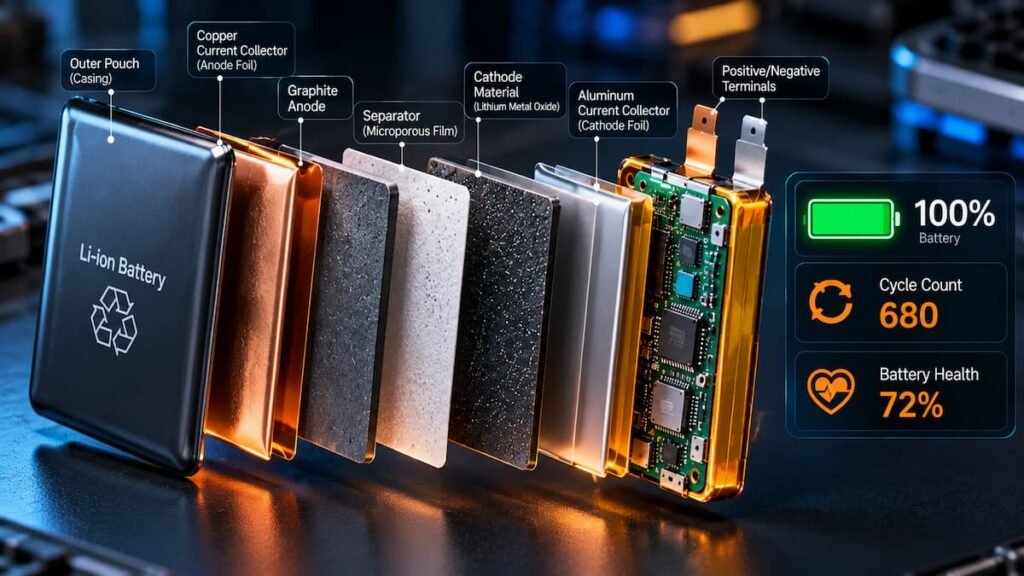 Hardware diagnostic check showing real Android battery health and cycle count comparison