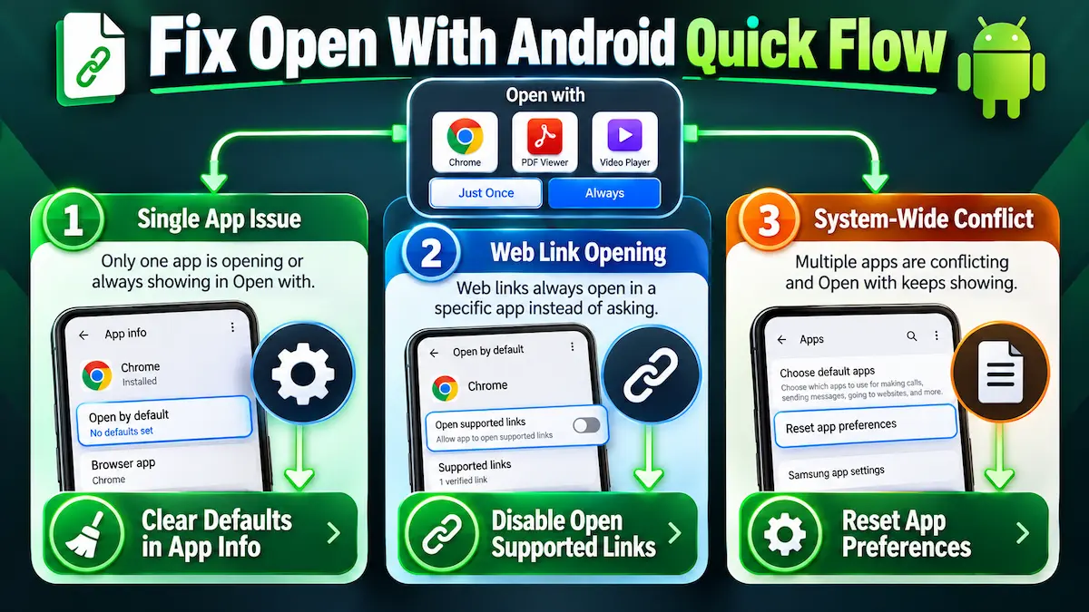 Troubleshooting flowchart to fix open with android and reset default application associations