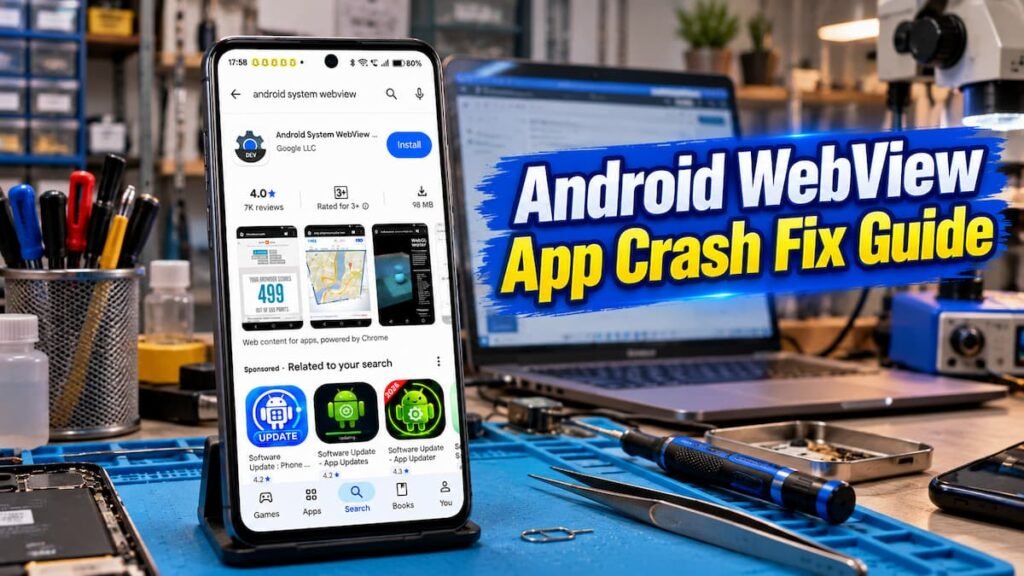 Android WebView App Crash Fix Guide showing Android System WebView on Google Play Store