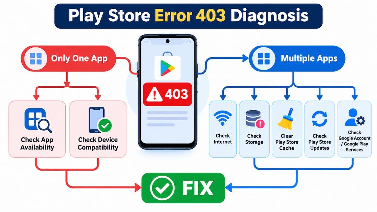 Play Store Error 403 troubleshooting flowchart for one app and multiple apps