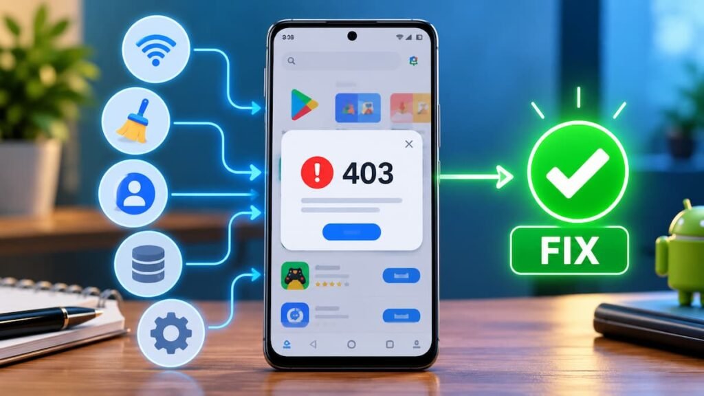 Android phone showing Play Store Error 403 with a troubleshooting solution concept