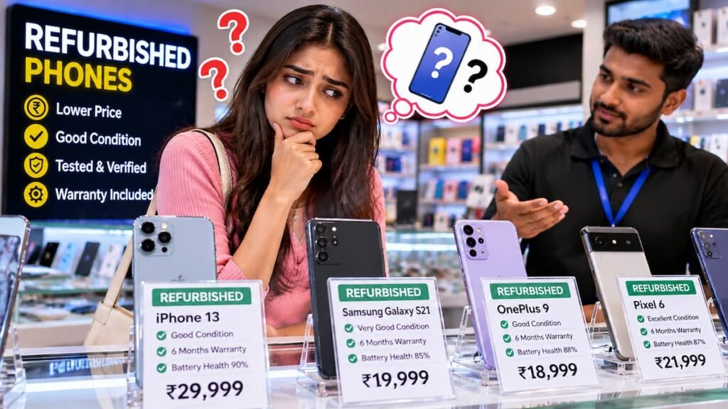 A woman comparing refurbished smartphones in a mobile shop using a refurbished phone buying checklist.