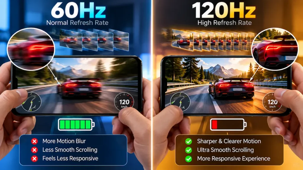 Split screen comparison between 60Hz and 120Hz refresh rate showing smartphone battery drain impact.