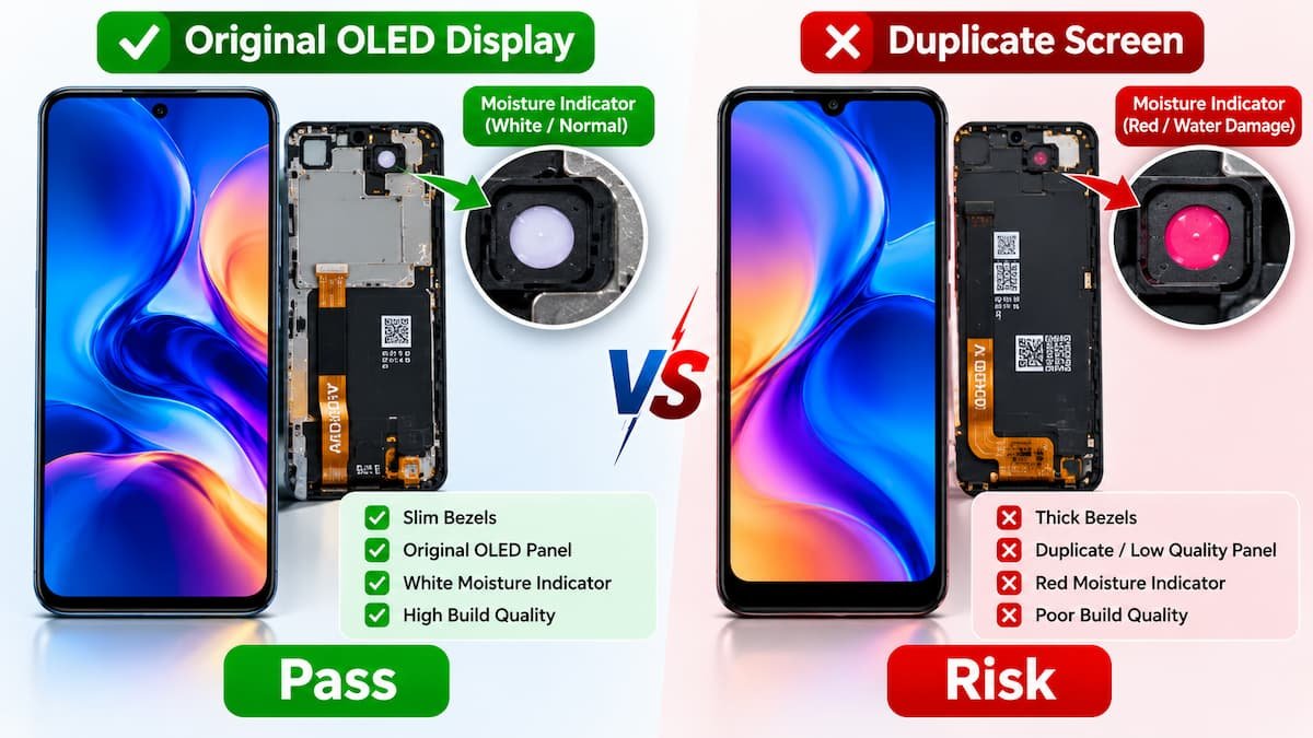 Diagram showing comparison between original screen, water damage indicator, and copy parts in a refurbished phone