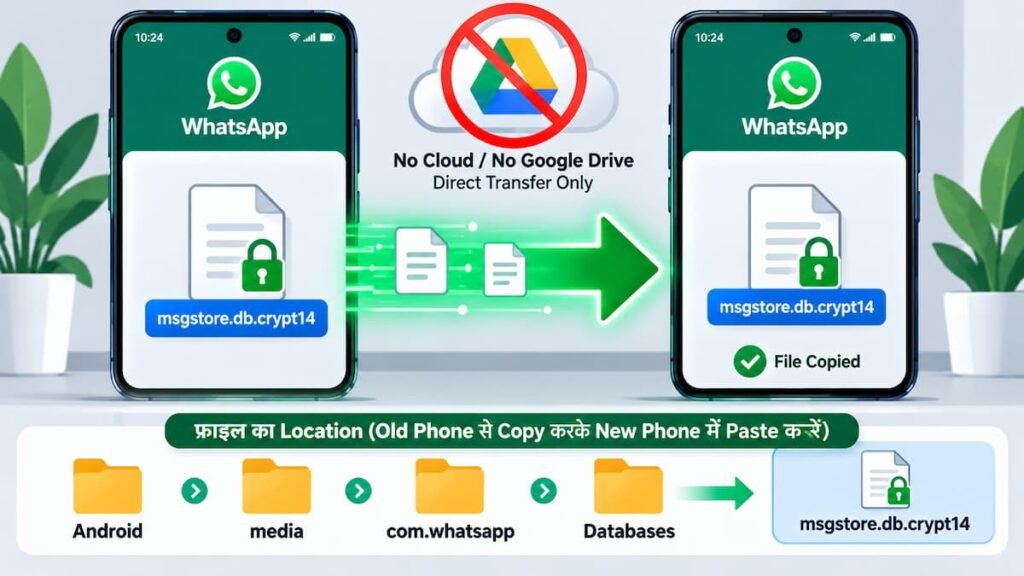 Flat vector illustration of WhatsApp chat transfer without google drive using local msgstore backup