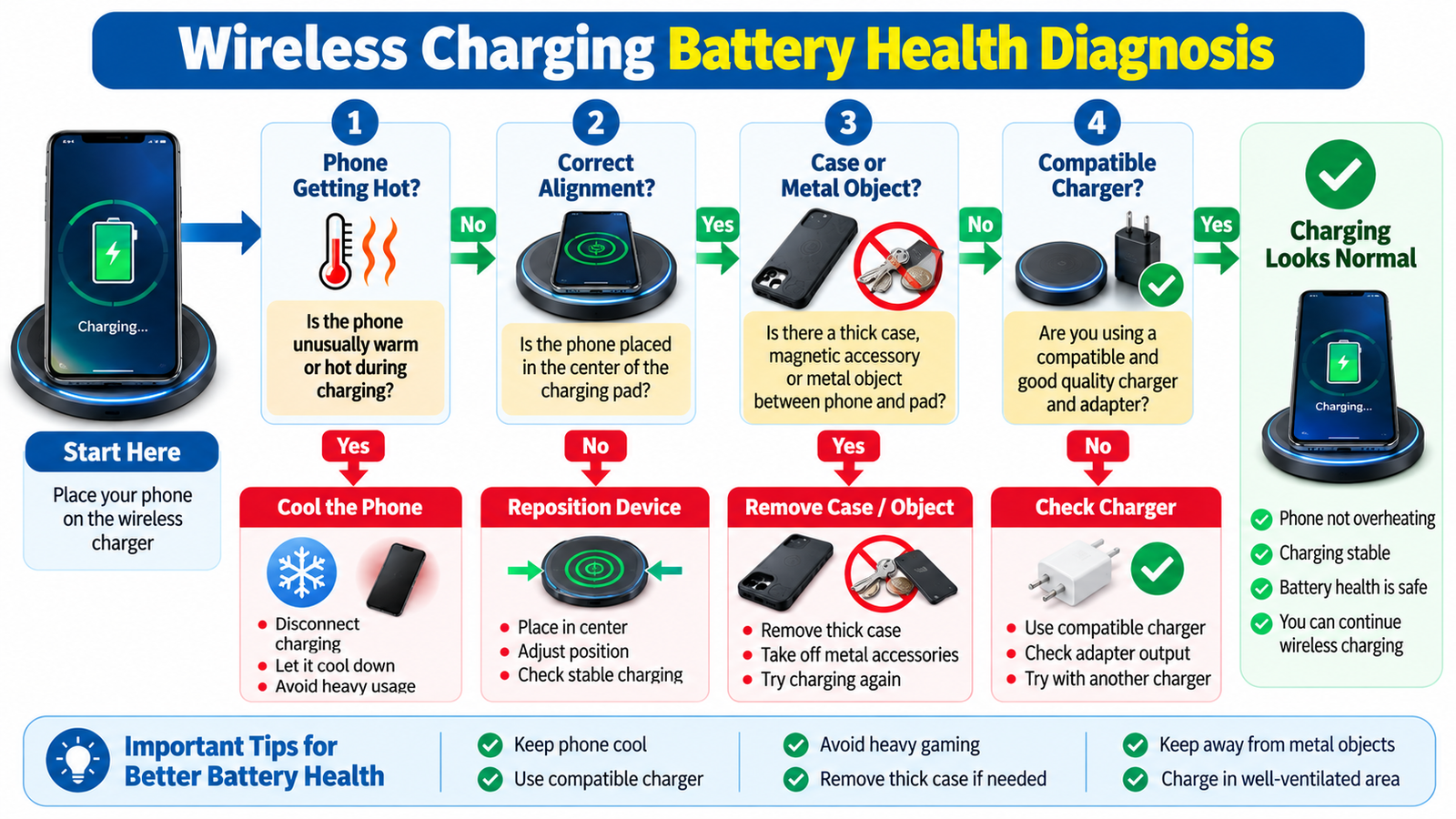 Wireless charging battery health troubleshooting flowchart