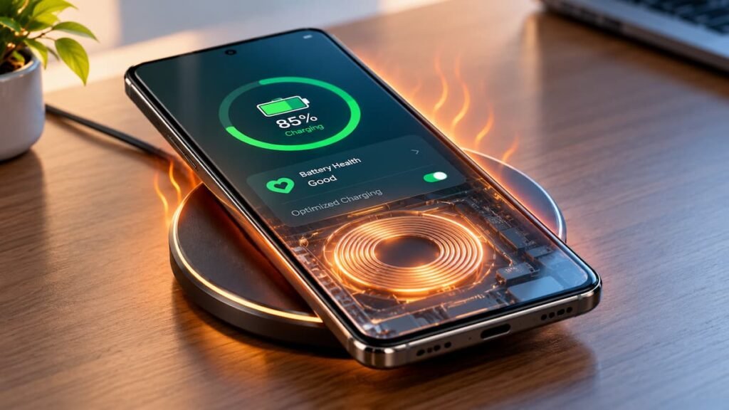 Smartphone wirelessly charging while showing battery health and heat concept